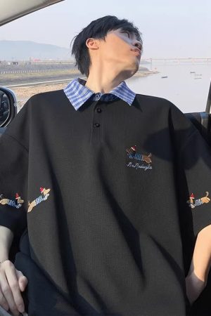 Embroidered Sausage Dog Polo Shirt for Men, Plus Size Loose Fit, Summer Short Sleeve T-Shirt, Casual Lazy Style
