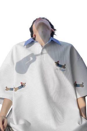 Embroidered Sausage Dog Polo Shirt for Men, Plus Size Loose Fit, Summer Short Sleeve T-Shirt, Casual Lazy Style