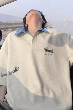 Embroidered Sausage Dog Polo Shirt for Men, Plus Size Loose Fit, Summer Short Sleeve T-Shirt, Casual Lazy Style