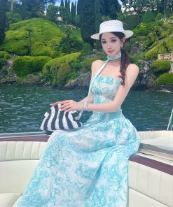 Emerald Garden Floral Print Long Dress for Women, Spaghetti Strap, Socialite Style, Perfect for Tall Individuals, Trendy Influencer Look