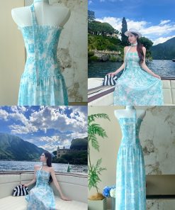 Emerald Garden Floral Print Long Dress for Women, Spaghetti Strap, Socialite Style, Perfect for Tall Individuals, Trendy Influencer Look