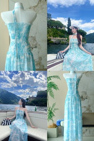 Emerald Garden Floral Print Long Dress for Women, Spaghetti Strap, Socialite Style, Perfect for Tall Individuals, Trendy Influencer Look