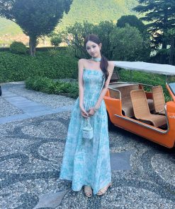 Emerald Garden Floral Print Long Dress for Women, Spaghetti Strap, Socialite Style, Perfect for Tall Individuals, Trendy Influencer Look