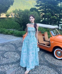 Emerald Garden Floral Print Long Dress for Women, Spaghetti Strap, Socialite Style, Perfect for Tall Individuals, Trendy Influencer Look
