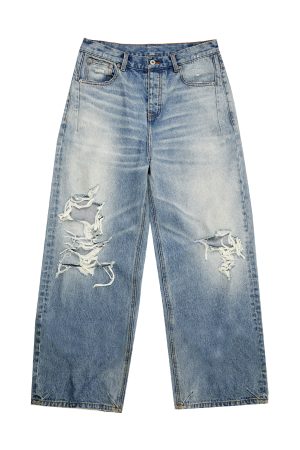Endless Knife Cut Handmade Distressed Faded Wide-Leg Jeans - Trendy Loose Long Pants for Y2K and 90s Style Fashion
