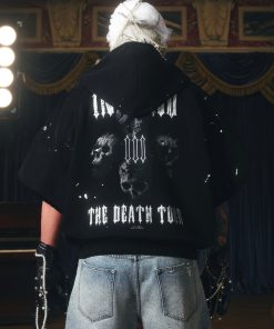 Endless Skull Ink Splash 3D Printed Short Sleeve Boxing Jacket Zipper Hoodie for Y2K and Streetwear Style