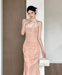 Endless Summer Chinese Style Velvet Mermaid Gown - Ruched Qipao Dress for Elegant Evening Wear