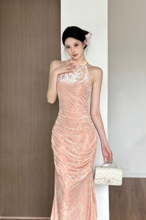 Endless Summer Chinese Style Velvet Mermaid Gown - Ruched Qipao Dress for Elegant Evening Wear