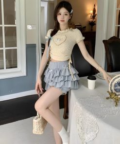 Estilo Vintage Aesthetic, Hoodie Cute Outfit - Kawaii Top & Ruffled Mini Skirt Two Piece Set