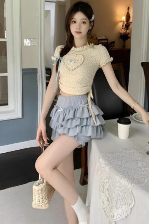 Estilo Vintage Aesthetic, Hoodie Cute Outfit - Kawaii Top & Ruffled Mini Skirt Two Piece Set