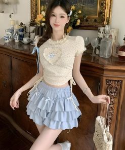 Estilo Vintage Aesthetic, Hoodie Cute Outfit - Kawaii Top & Ruffled Mini Skirt Two Piece Set