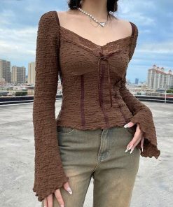 Estilo Vintage Aesthetic, Outfit With Hoodie - Fairycore Lace Detailed Shirred Top