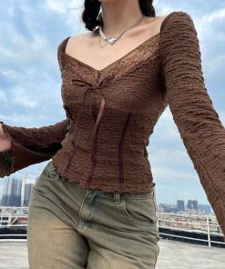 Estilo Vintage Aesthetic, Outfit With Hoodie - Fairycore Lace Detailed Shirred Top