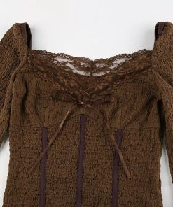 Estilo Vintage Aesthetic, Outfit With Hoodie - Fairycore Lace Detailed Shirred Top