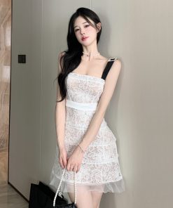 Ethereal Lace Mesh Spaghetti Strap Dress - High-End French Style Birthday Party Dress for Women