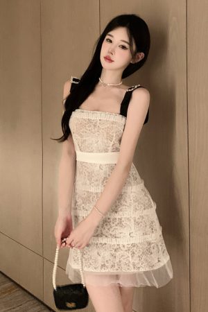 Ethereal Lace Mesh Spaghetti Strap Dress - High-End French Style Birthday Party Dress for Women