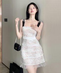 Ethereal Lace Mesh Spaghetti Strap Dress - High-End French Style Birthday Party Dress for Women