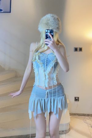 Ethereal Sheer Ruffled BabykinG Cloud Cream Cami Bodycon Dress Set - Vintage 90s Sexy Style
