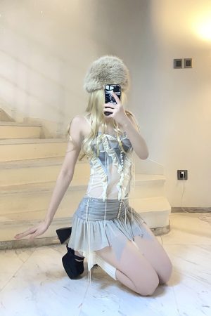 Ethereal Sheer Ruffled BabykinG Cloud Cream Cami Bodycon Dress Set - Vintage 90s Sexy Style