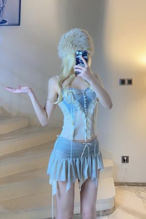 Ethereal Sheer Ruffled BabykinG Cloud Cream Cami Bodycon Dress Set - Vintage 90s Sexy Style