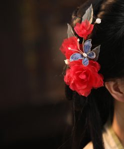 Ethereal Silk Embossed Hair Clips, Ancient Style Hair Accessories for Brides, Red Cheongsam Horse-Face Skirt, Chinese Style Headdress