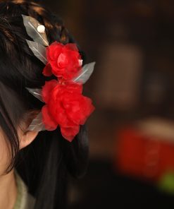 Ethereal Silk Embossed Hair Clips, Ancient Style Hair Accessories for Brides, Red Cheongsam Horse-Face Skirt, Chinese Style Headdress