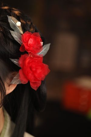 Ethereal Silk Embossed Hair Clips, Ancient Style Hair Accessories for Brides, Red Cheongsam Horse-Face Skirt, Chinese Style Headdress