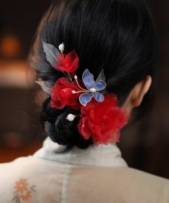 Ethereal Silk Embossed Hair Clips, Ancient Style Hair Accessories for Brides, Red Cheongsam Horse-Face Skirt, Chinese Style Headdress