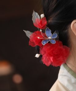 Ethereal Silk Embossed Hair Clips, Ancient Style Hair Accessories for Brides, Red Cheongsam Horse-Face Skirt, Chinese Style Headdress
