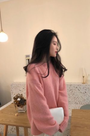 Ethereal Yellow Mohair Pullover Sweater for Women - Loose Fit Round Neck Top for Autumn/Winter 2025, Cozy Outerwear
