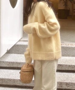 Ethereal Yellow Mohair Pullover Sweater for Women - Loose Fit Round Neck Top for Autumn/Winter 2025, Cozy Outerwear