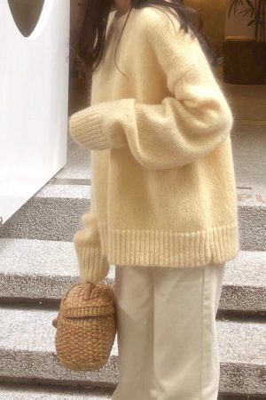 Ethereal Yellow Mohair Pullover Sweater for Women - Loose Fit Round Neck Top for Autumn/Winter 2025, Cozy Outerwear