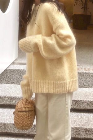 Ethereal Yellow Mohair Pullover Sweater for Women - Loose Fit Round Neck Top for Autumn/Winter 2025, Cozy Outerwear