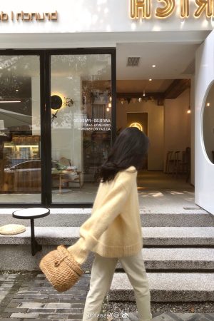 Ethereal Yellow Mohair Pullover Sweater for Women - Loose Fit Round Neck Top for Autumn/Winter 2025, Cozy Outerwear