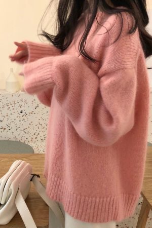 Ethereal Yellow Mohair Pullover Sweater for Women - Loose Fit Round Neck Top for Autumn/Winter 2025, Cozy Outerwear