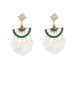 Ethnic Shell Round Fan-Shaped Earrings with Blue Zircon - Stylish Vacation Ear Accessories for Travel