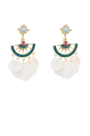 Ethnic Shell Round Fan-Shaped Earrings with Blue Zircon - Stylish Vacation Ear Accessories for Travel