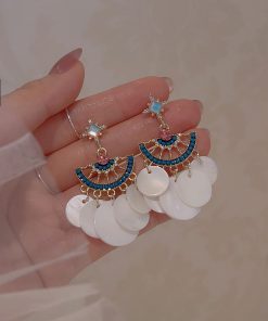 Ethnic Shell Round Fan-Shaped Earrings with Blue Zircon - Stylish Vacation Ear Accessories for Travel