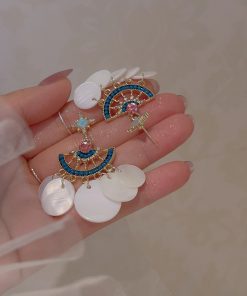 Ethnic Shell Round Fan-Shaped Earrings with Blue Zircon - Stylish Vacation Ear Accessories for Travel