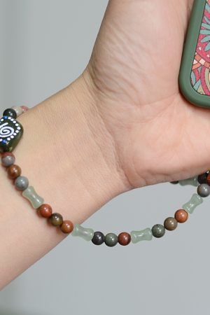 Ethnic Style Glass Totem Fish Dongling Jade Bamboo Ocean Stone Retro Wrist Strap Anti-Lost Mobile Phone Chain for Men and Women