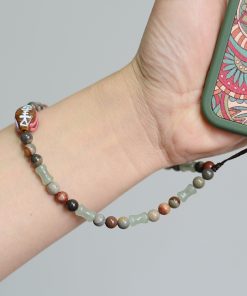 Ethnic Style Glass Totem Fish Dongling Jade Bamboo Ocean Stone Retro Wrist Strap Anti-Lost Mobile Phone Chain for Men and Women