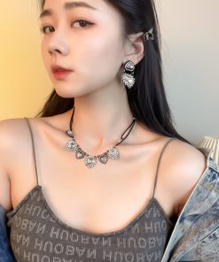 European American Punk Style Crystal Inlaid Black Silver Heart Necklace Clavicle Chain - Trendy Temperament Jewelry