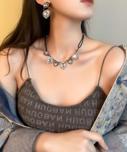 European American Punk Style Crystal Inlaid Black Silver Heart Necklace Clavicle Chain - Trendy Temperament Jewelry