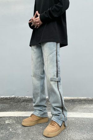 European American Style Slim-Fit Long Jeans with Side Zipper for Men and Women - Trendy High Street Fashion