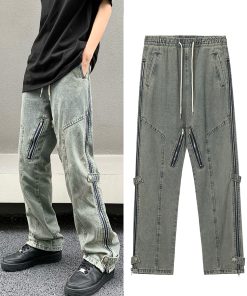 European American Style Slim-Fit Long Jeans with Side Zipper for Men and Women - Trendy High Street Fashion