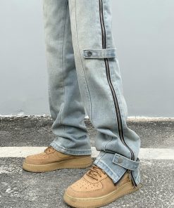 European American Style Slim-Fit Long Jeans with Side Zipper for Men and Women - Trendy High Street Fashion