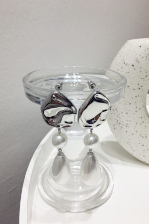 European and American Socialite Style Slim Face Earrings with Uneven Water Drop Metal and Artificial Pearl Pendant Decoration