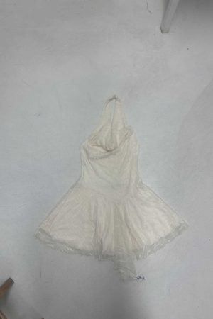 European and American Style Vacation Lace Short Skirt Dress - Semi-Transparent, Irregular Hem, Halter Neck, Waist-Cinching, Sexy Look