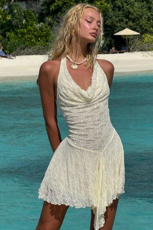 European and American Style Vacation Lace Short Skirt Dress - Semi-Transparent, Irregular Hem, Halter Neck, Waist-Cinching, Sexy Look