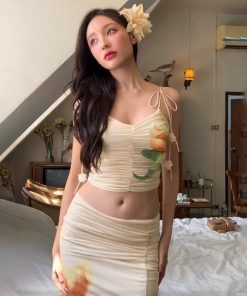 European and American Vacation Style Plant Print Two-Piece Set with Pleated Tie-Back Tank Top and Low-Waist Long Skirt